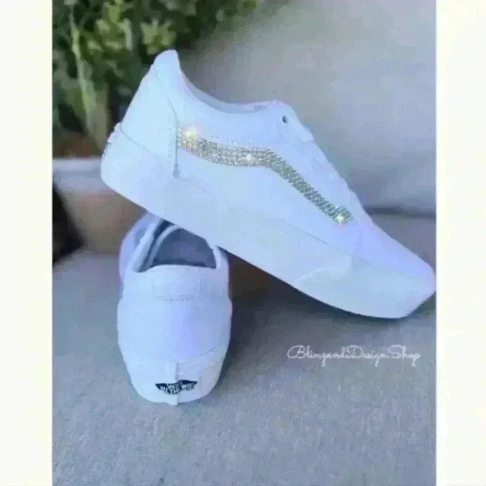 Vans Platform Old Skool White Sneakers Shoes Customized with Swarovski Crystals - Picture 9 of 9